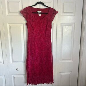 Vtg Dressbarn Dress Womens 8 Pink Floral Lace Overlay Cottagecore Valentines Day